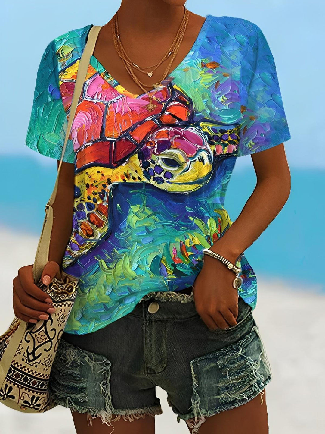 Sea Turtle Oil Painting Print V-neck T-Shirt