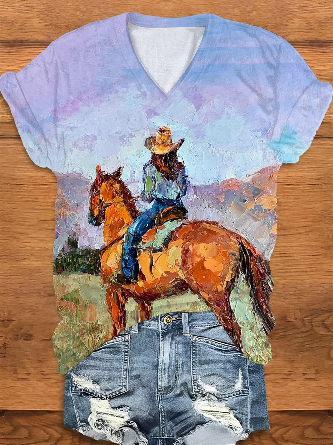 Cowgirl Painting Western Print V-Neck T-Shirt