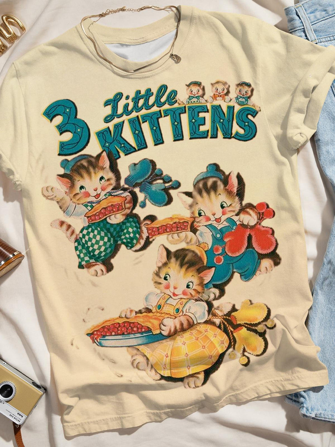 Retro Cat Print Crew Neck T-Shirt