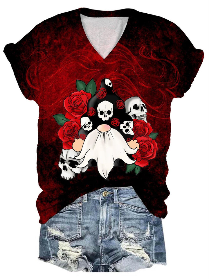 Skulls Roses Gonk Print V-Neck T-Shirt