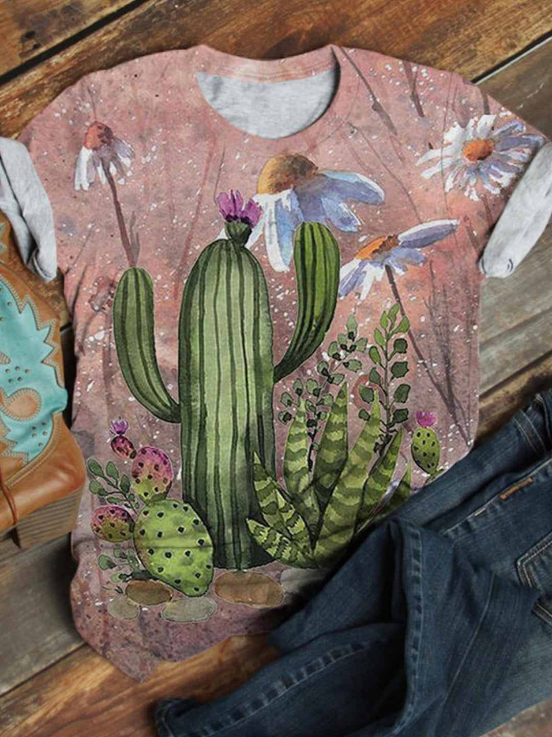 Cactus Daisy Flower Crew Neck T-shirt