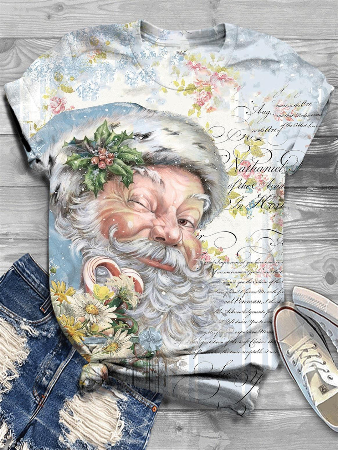 Pink Vintage Santa Print Crew Neck T-Shirt