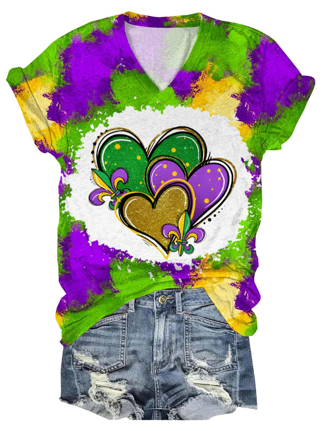 Mardi Gras Heart Tie Dye Print V-Neck T-shirt