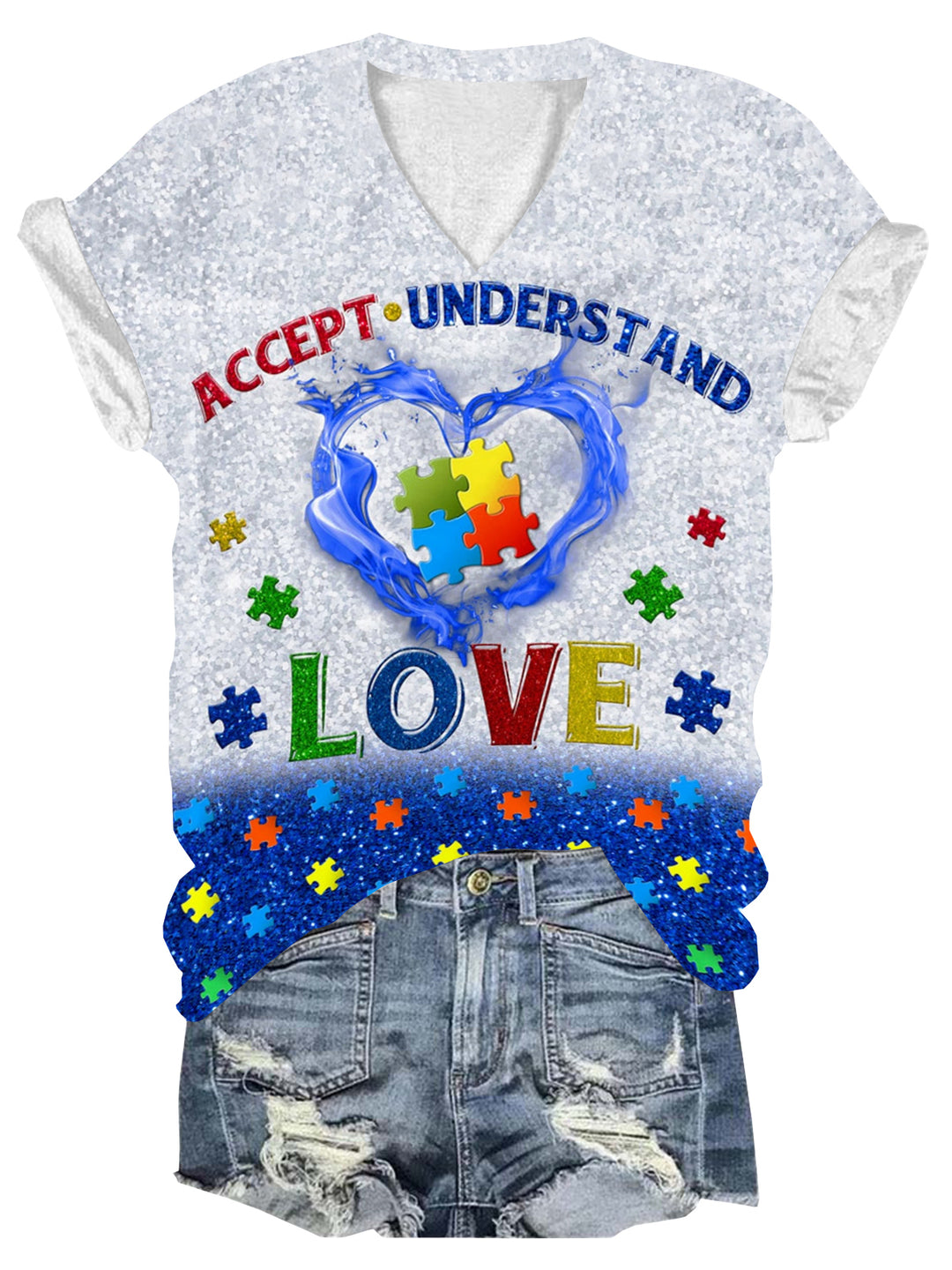 Autism Accept Understand Love Puzzle V-Neck Short Sleeve T-Shirt