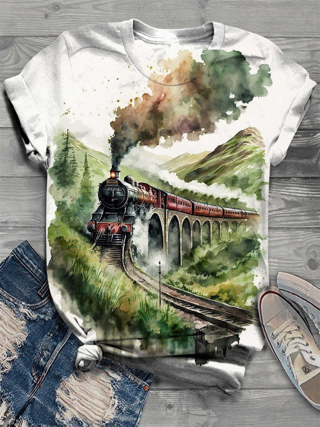 Watercolor Forest Train Print Crew Neck T-Shirt