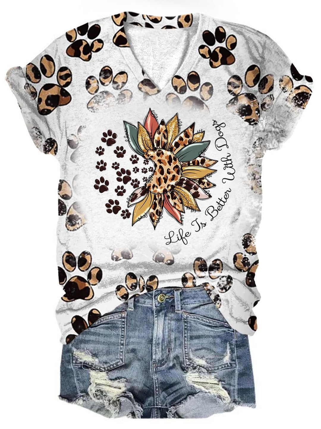 Women's Dog Paw Sunflower Leopard Print T-Shirt