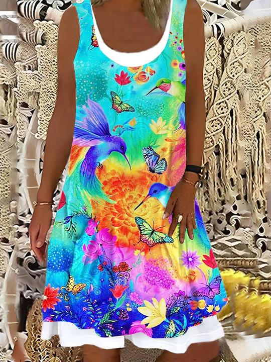 Hummingbird Whirlwind Print Pocket Dress