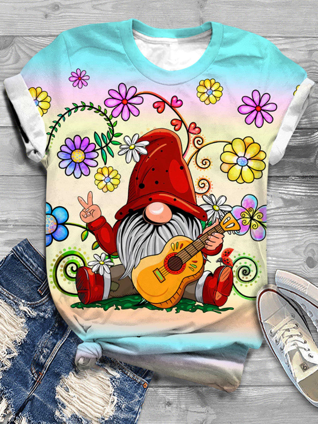Funny Gnome With Guitar Print T-Shirt