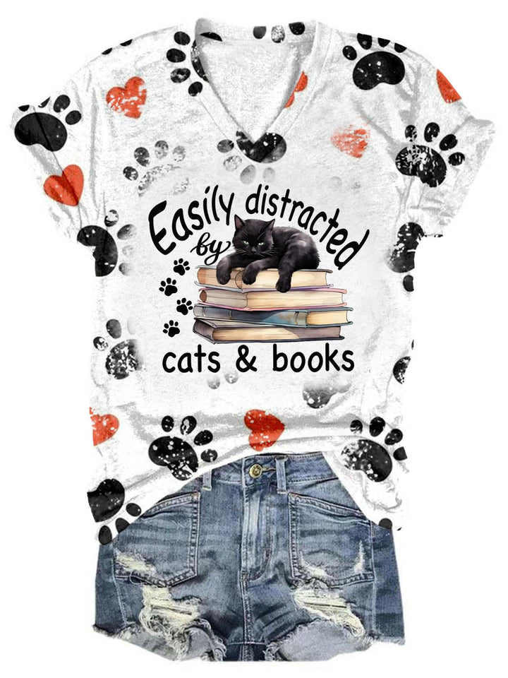 Easily Distracted Cats & Books Tie Dye V Neck T-Shirt