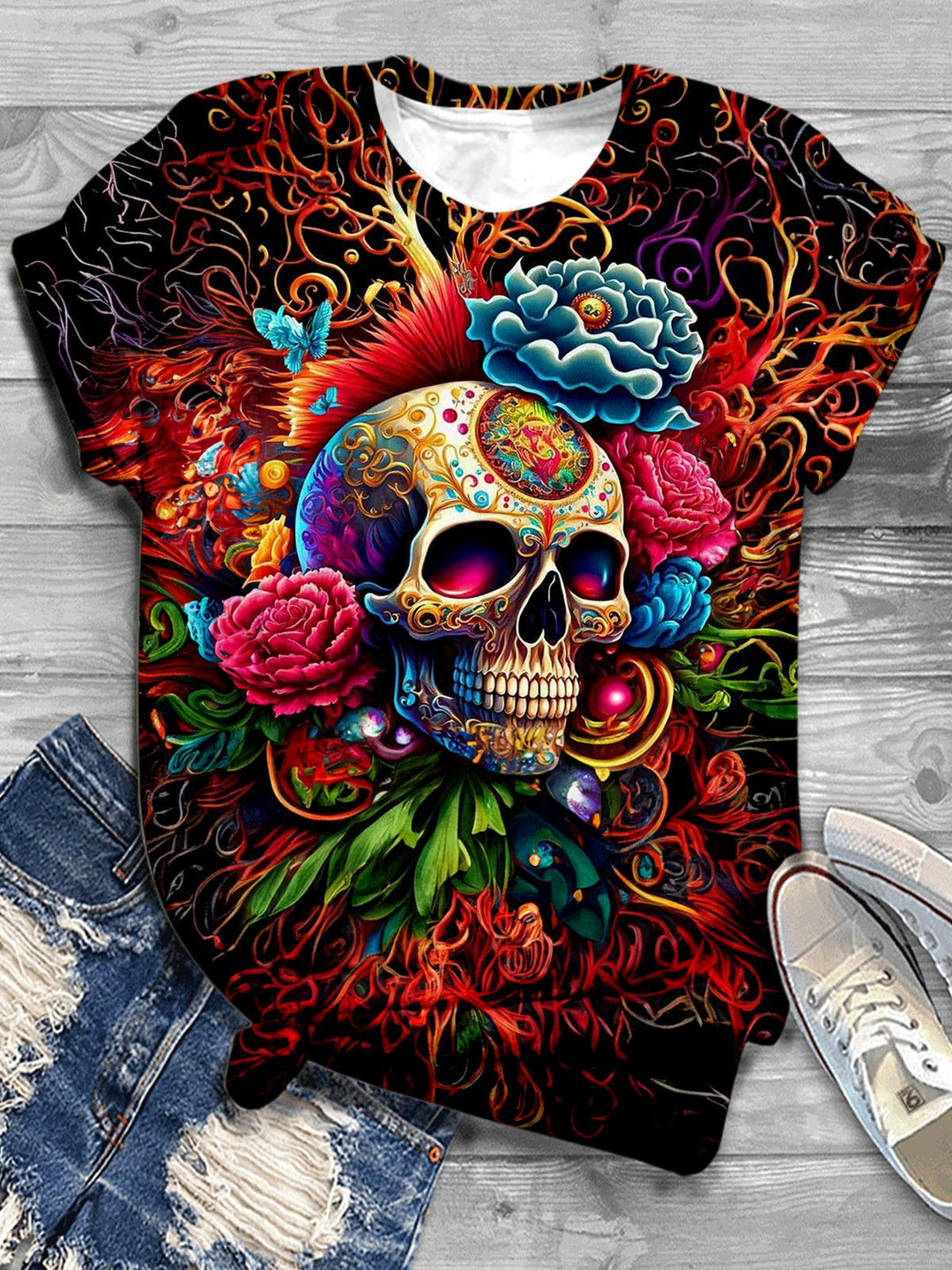 Floral Skull Vine Print Casual T-shirt