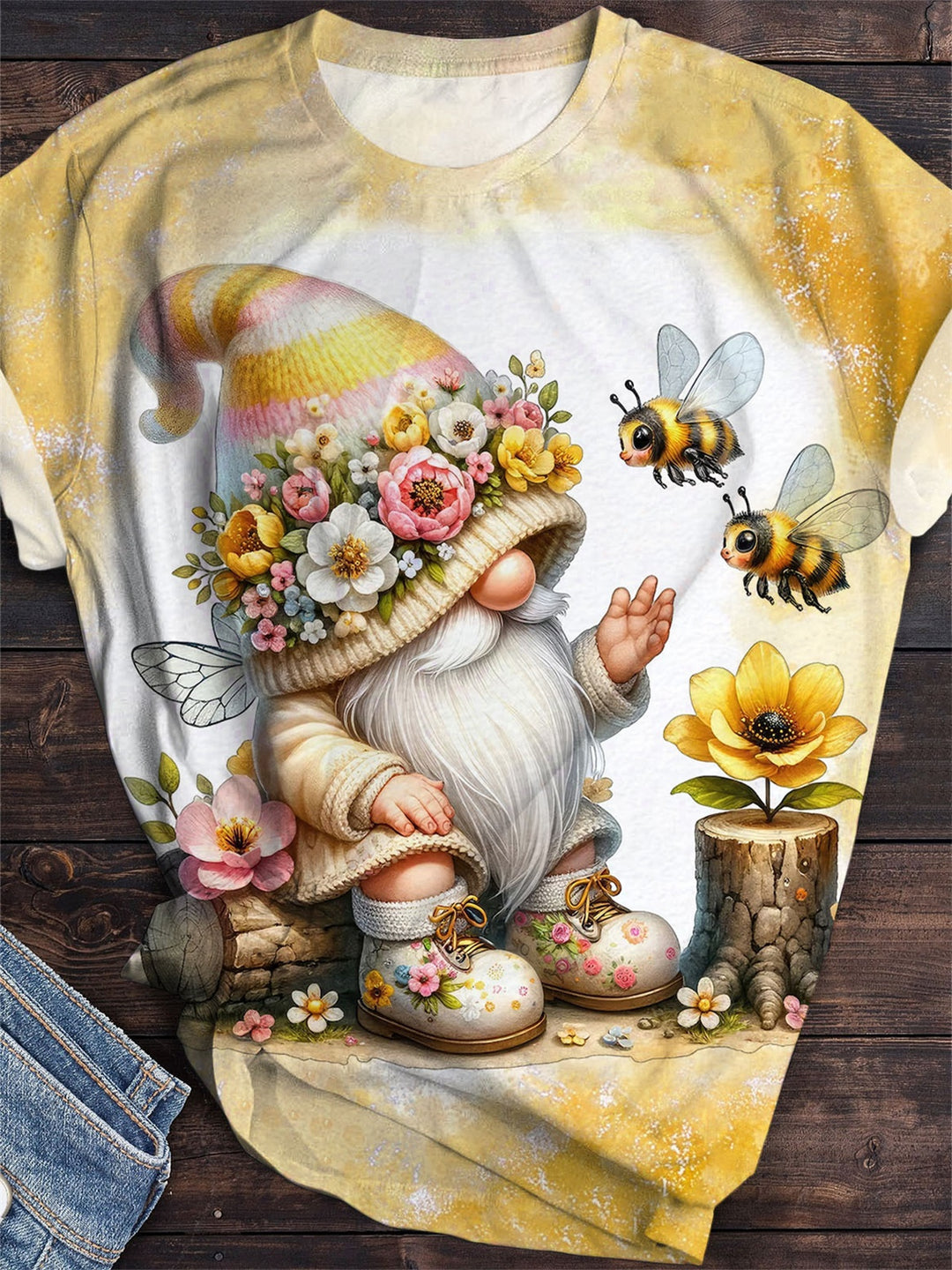 Flower Bee Gnome Print Crew Neck T-Shirt