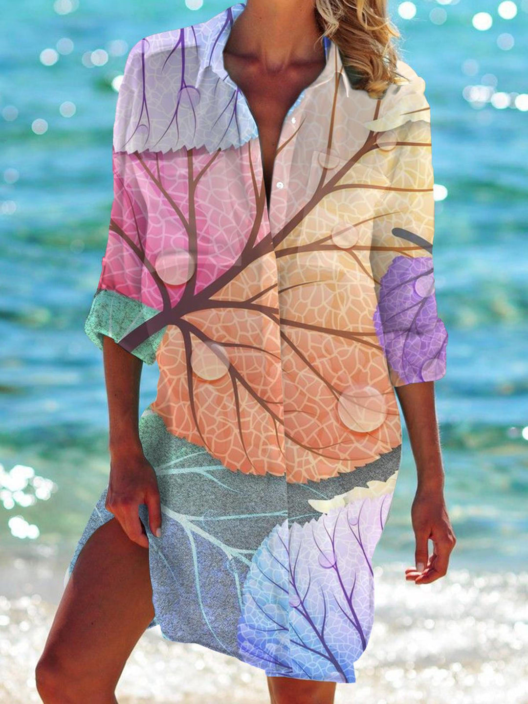 Plant Leaf Print Long Sleeve Beach Shirt Dress