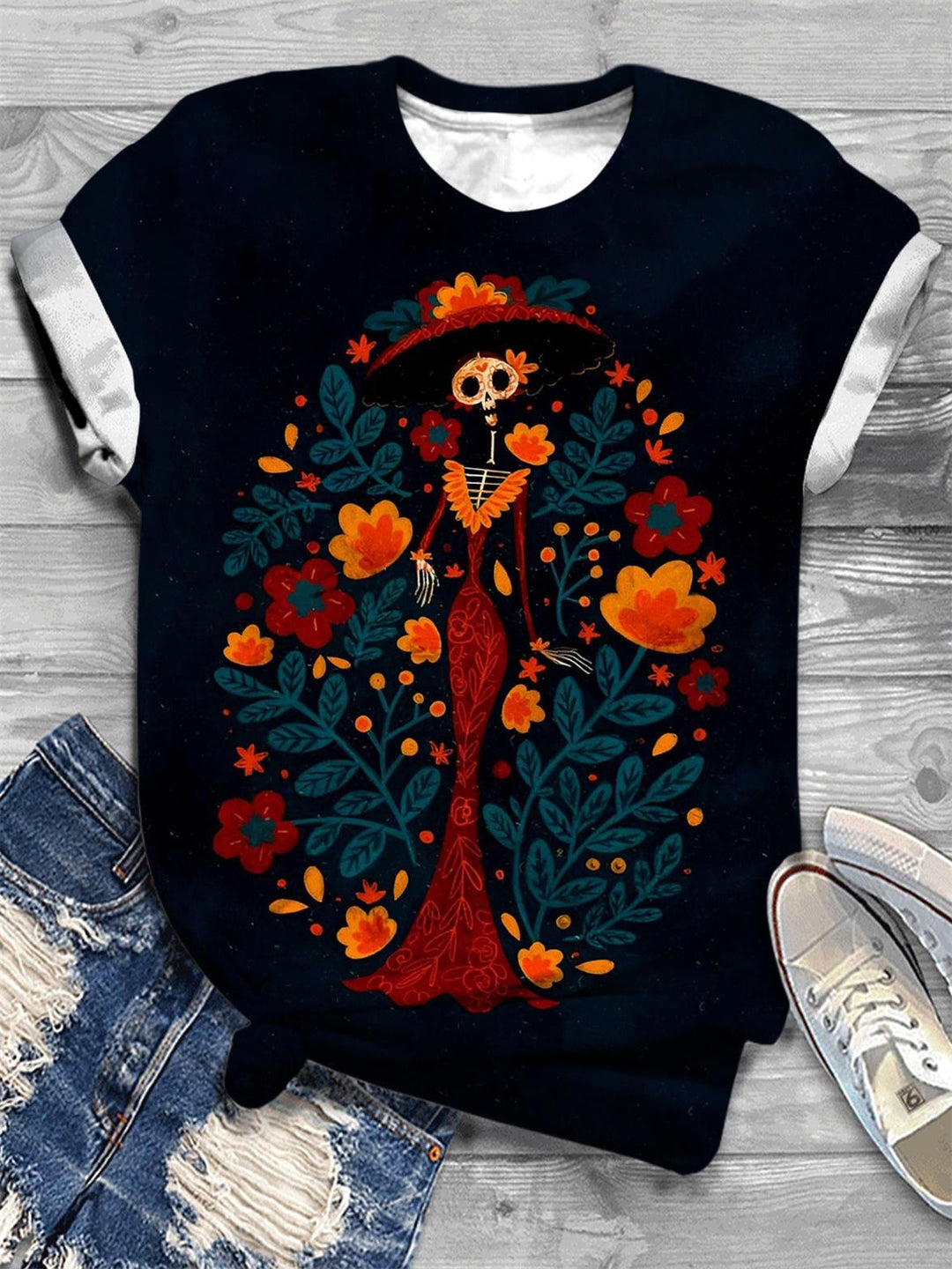 Day of the Dead Women Floral Print Crewneck T-Shirt