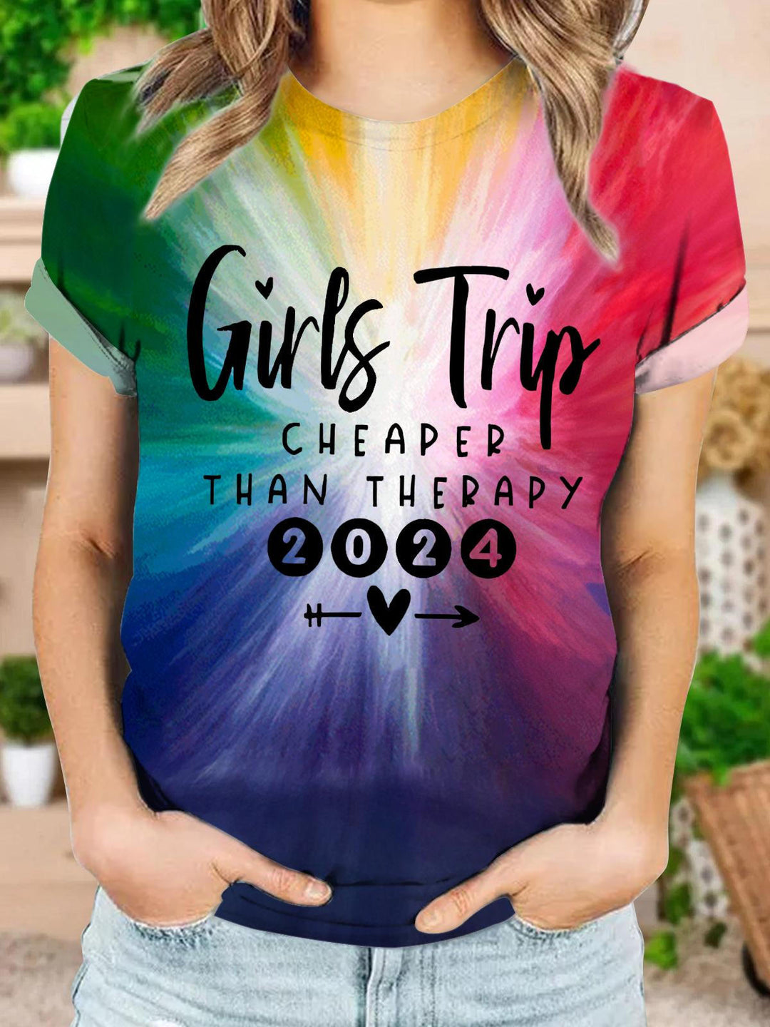 Girls Trip 2024 Cheaper Than Therapy Printed Crew Neck T-shirt