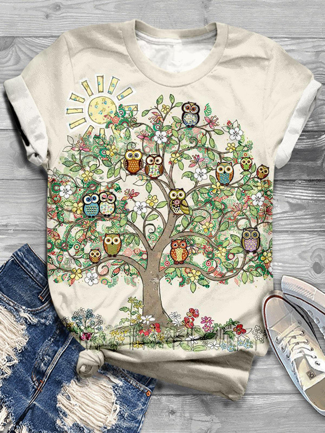 Owl Tree Crew Neck T-shirt