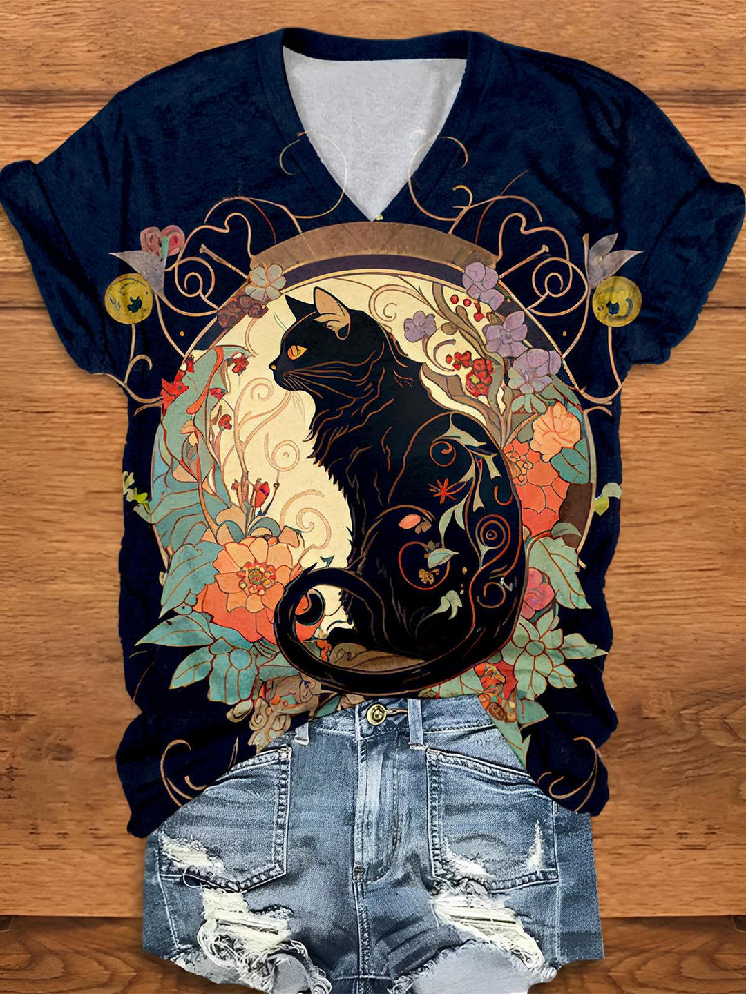 Divine Black Cat with Rose V-Neck T-Shirt