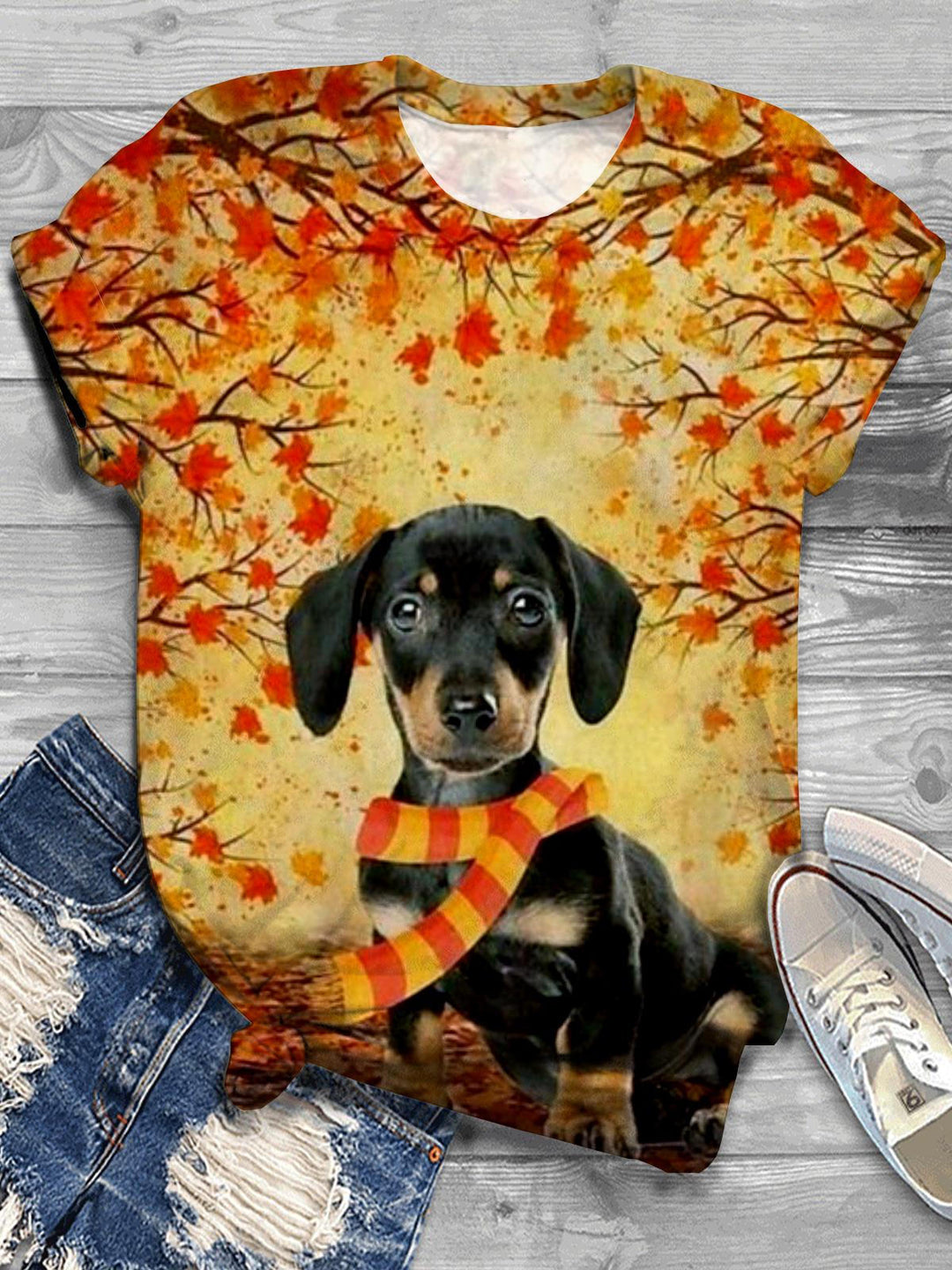 Fall Maple Leaf Dachshund Print Crew Neck T-shirt