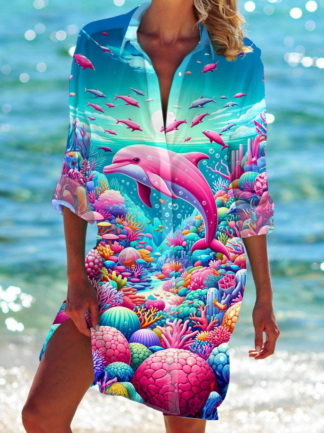Pink Dolphin Long Sleeve Beach Shirt Dress