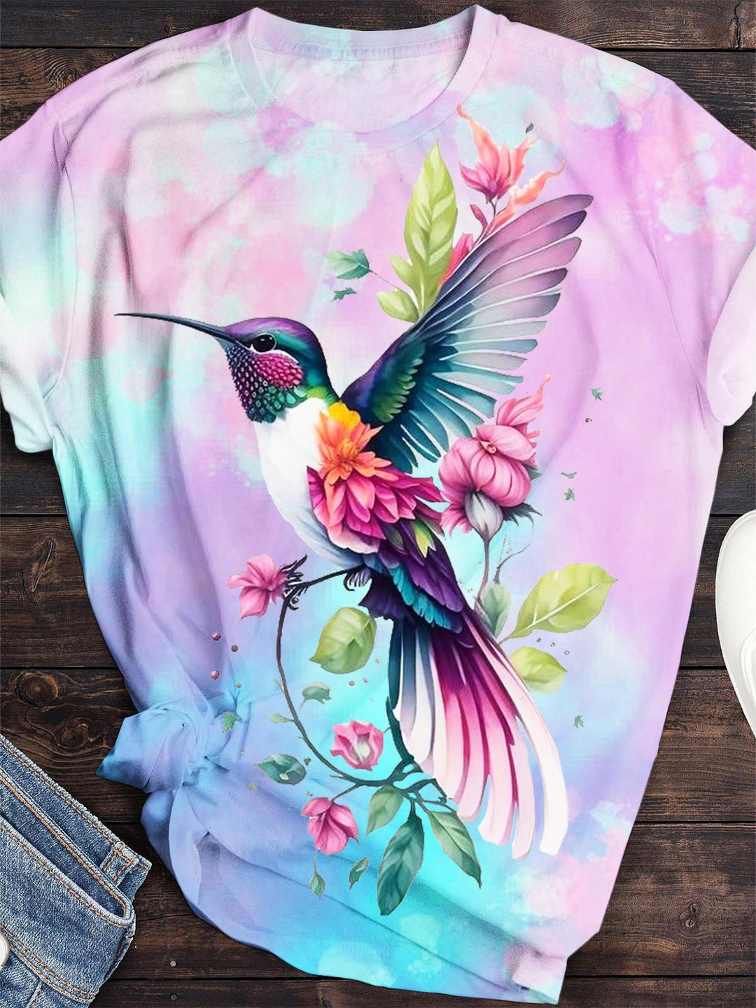 Floral Hummingbird Print Crew Neck Top