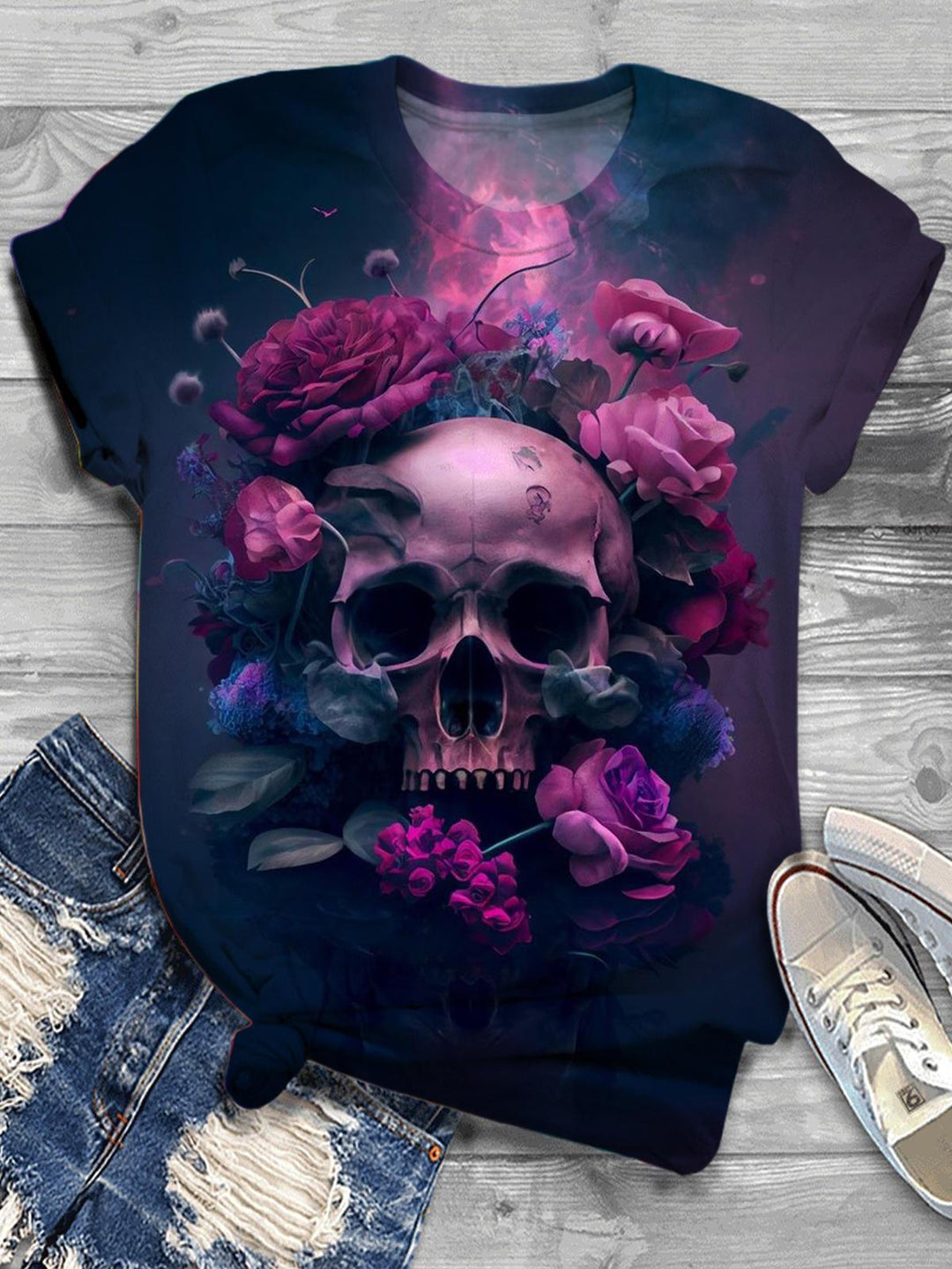 Women's Floral Skull Print Casual Crewneck Top