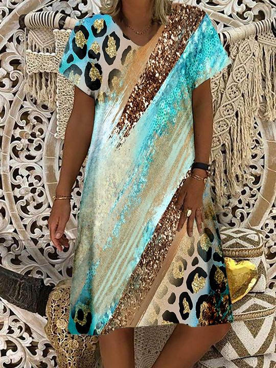 Glitter Leopard Print V-Neck Short Sleeve Dress