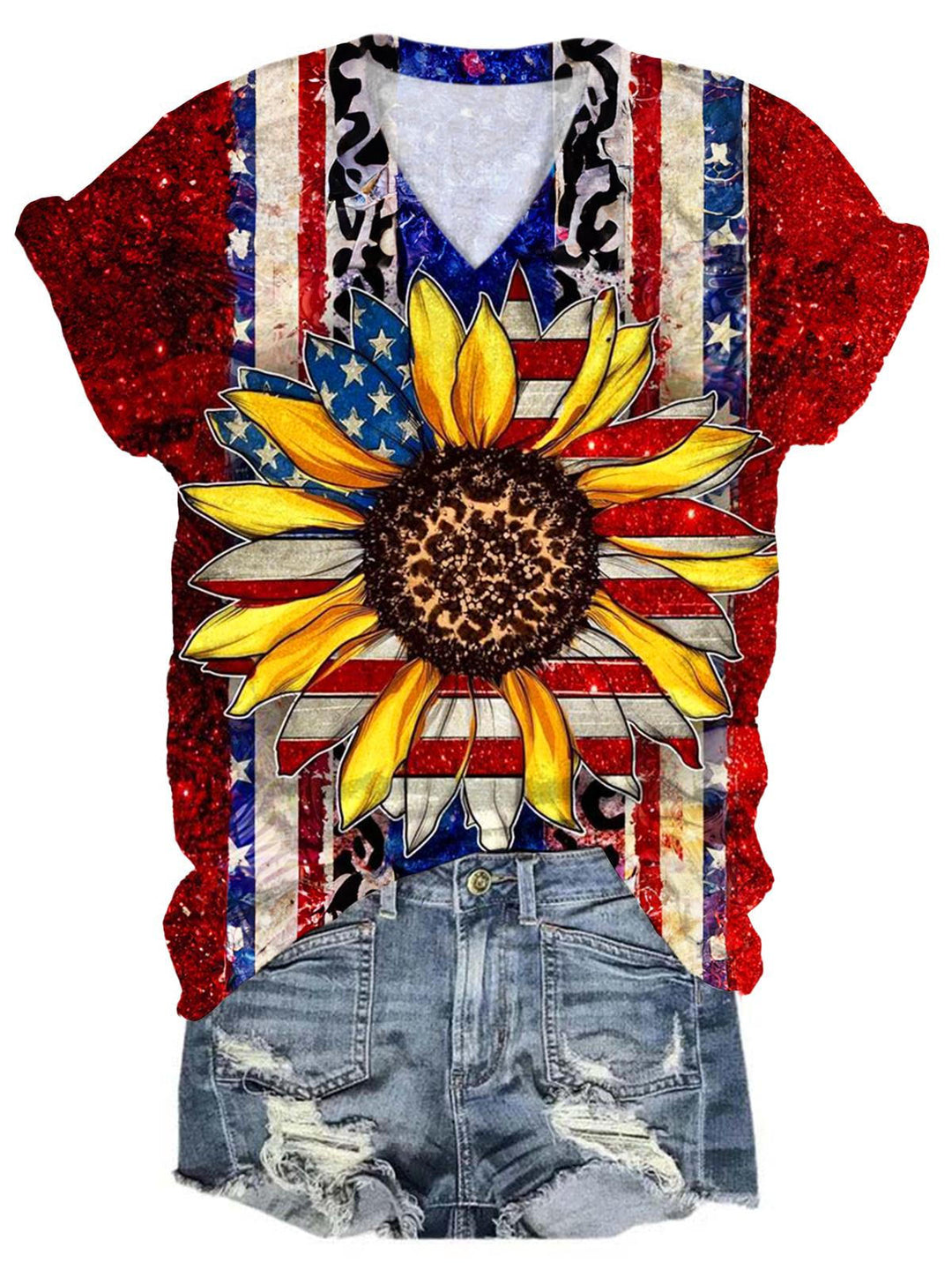 Star Stripe Sunflower V-Neck T-Shirt