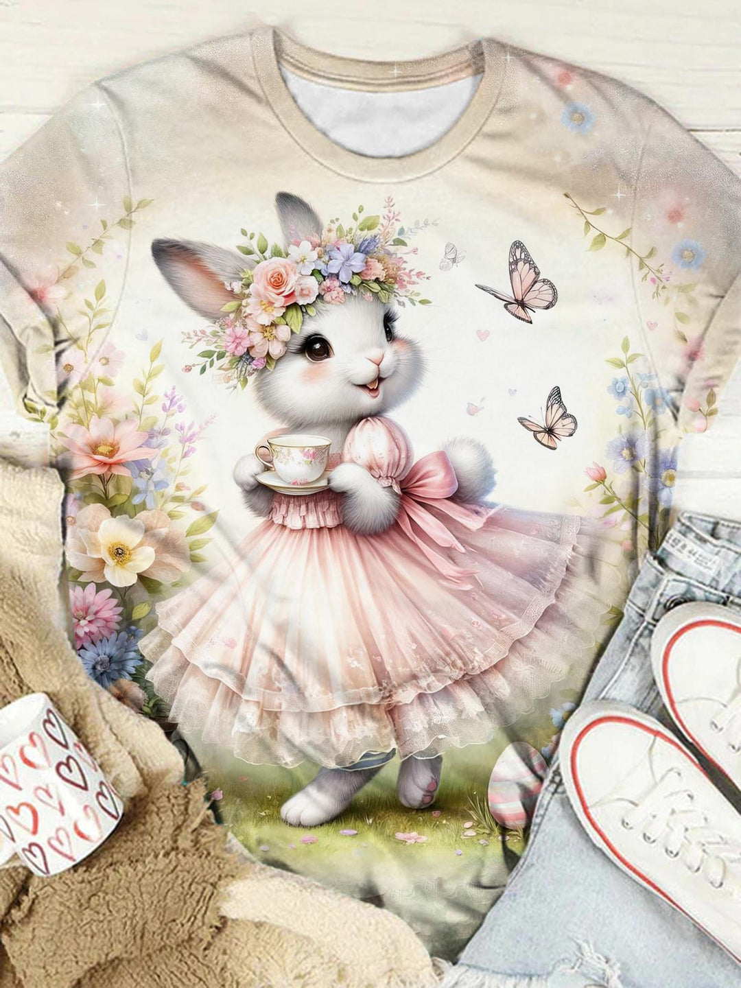 Cute Bunny Easter Flower Print Round Neck T-Shirt
