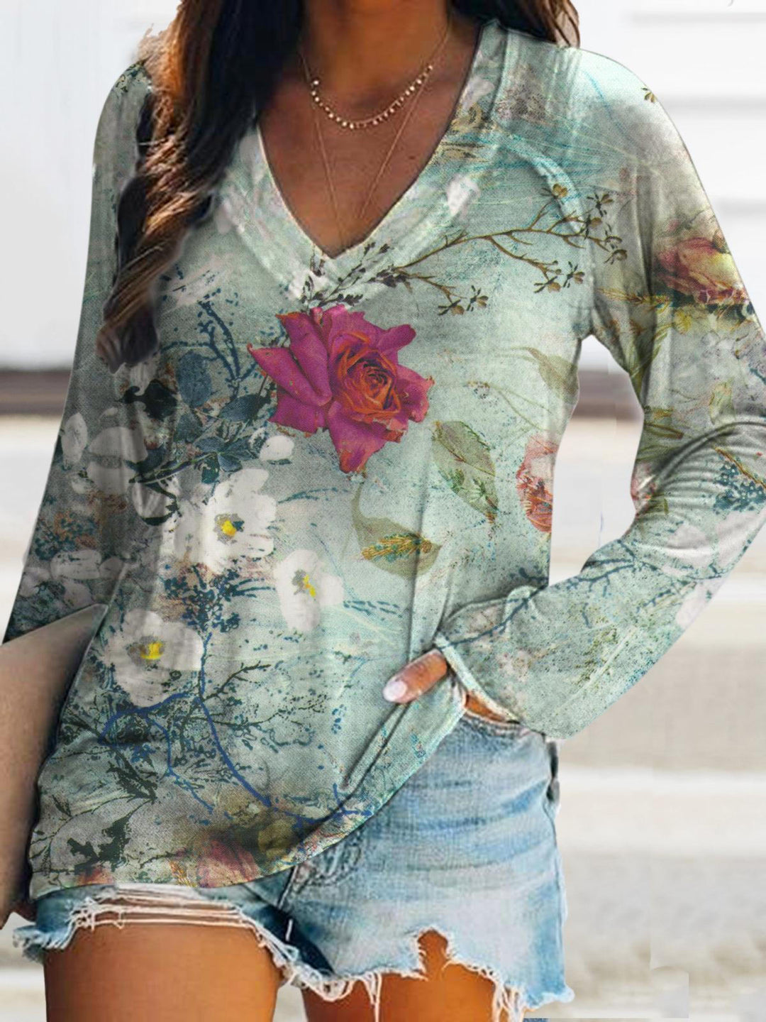 Watercolor Floral Print V-Neck Long-Sleeved T-Shirt