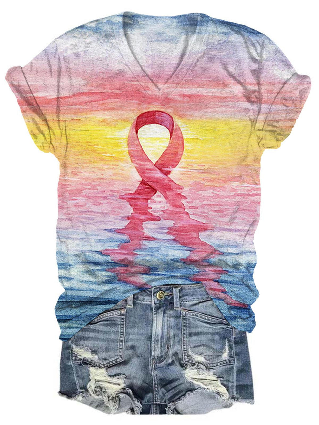 Pink Ribbon Breast Cancer Art Print V Neck T-Shirt