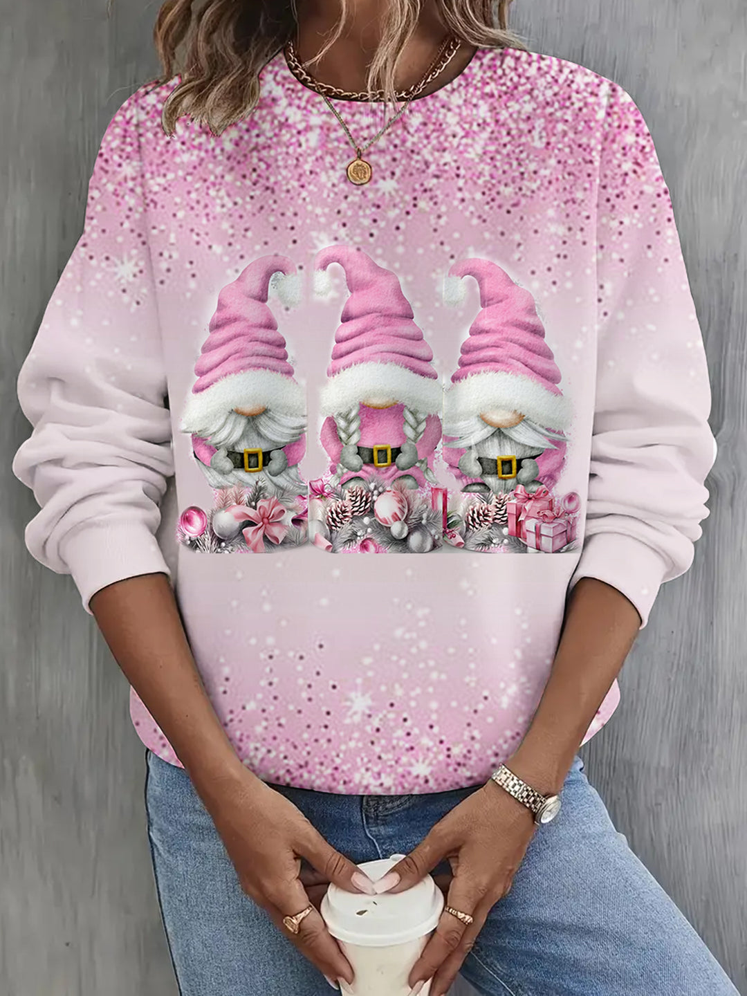 Pink Christmas Gnomes Print Long Sleeve Casual Top