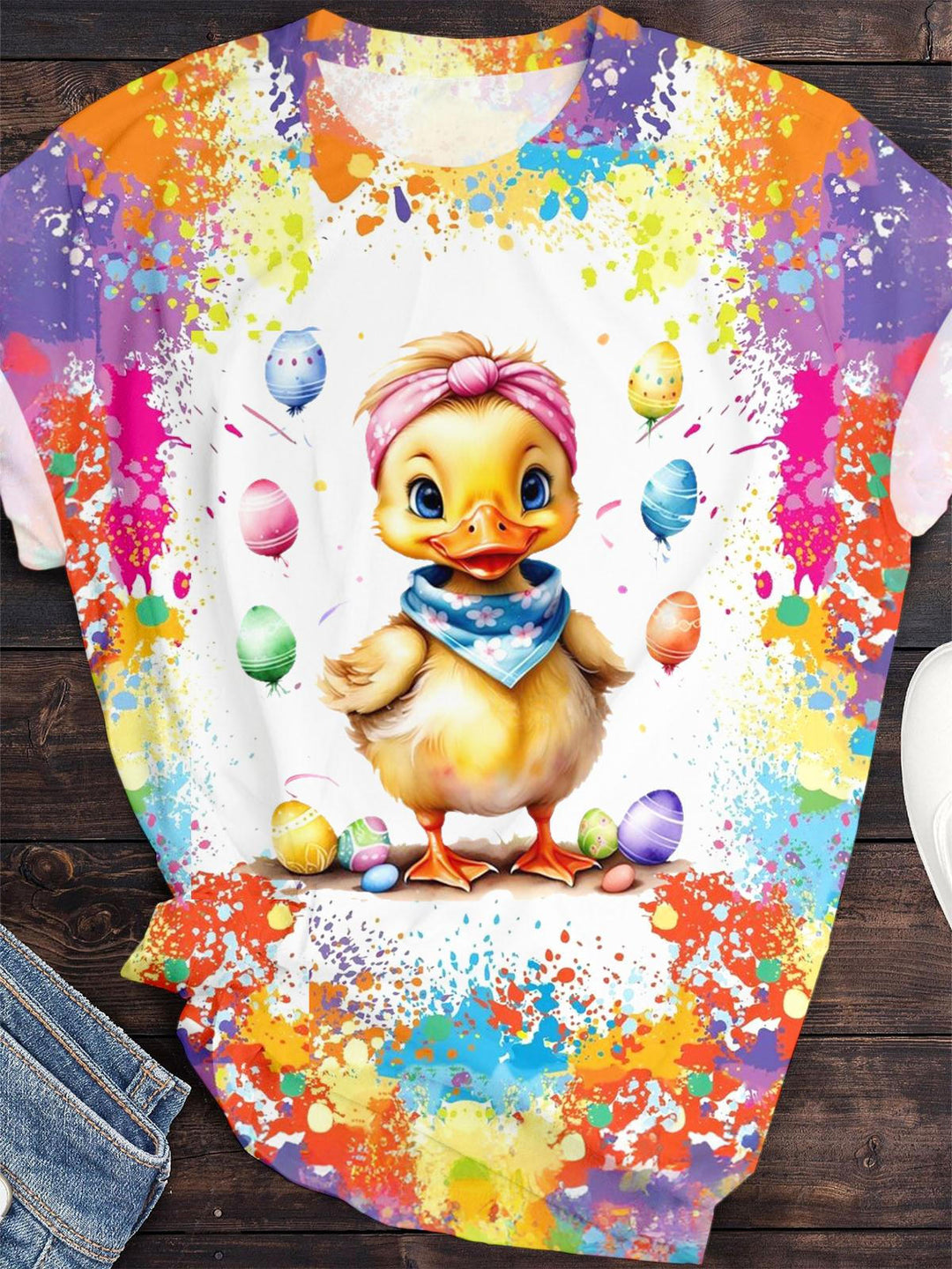 Colorful Easter Duck Print Crew Neck T-shirt