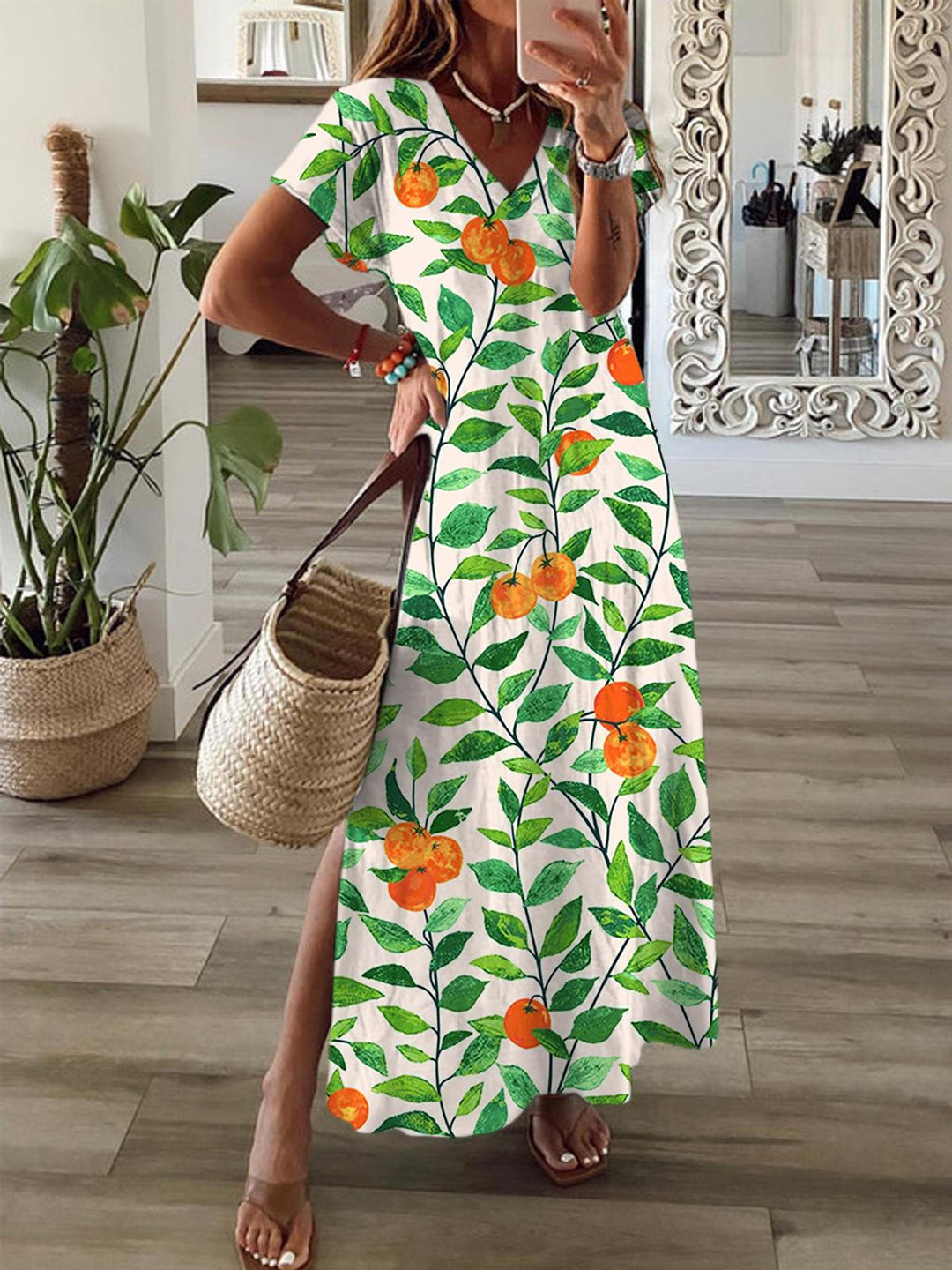 Tangerine Leaf Short Sleeve V Neck Maxi Dress