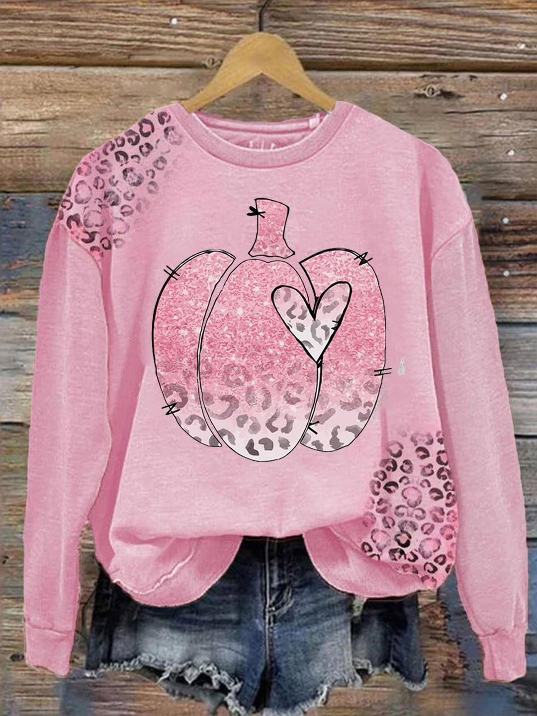 Women's Pink October Halloween Pumpkin Round Neck Top