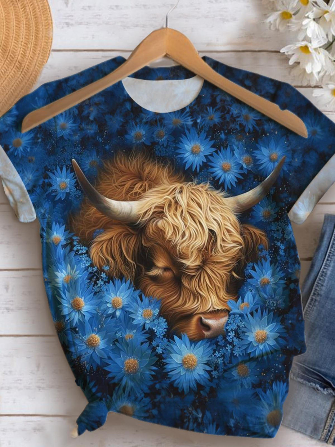 Blue Floral Highland Cow Crew Neck T-shirt