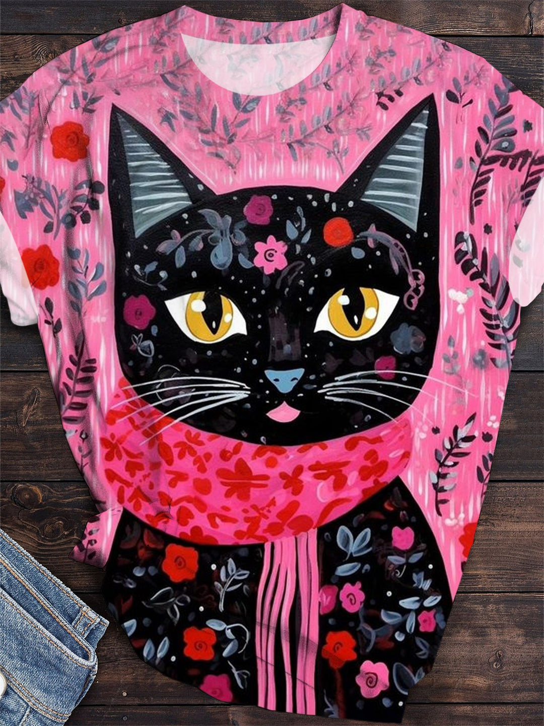Floral Cat Print Crew Neck T-Shirt