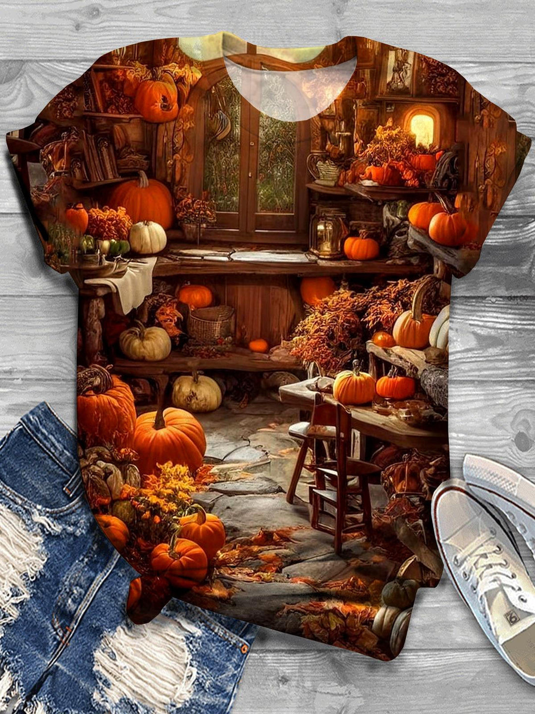 Fall Pumpkin Print Crew Neck T-shirt